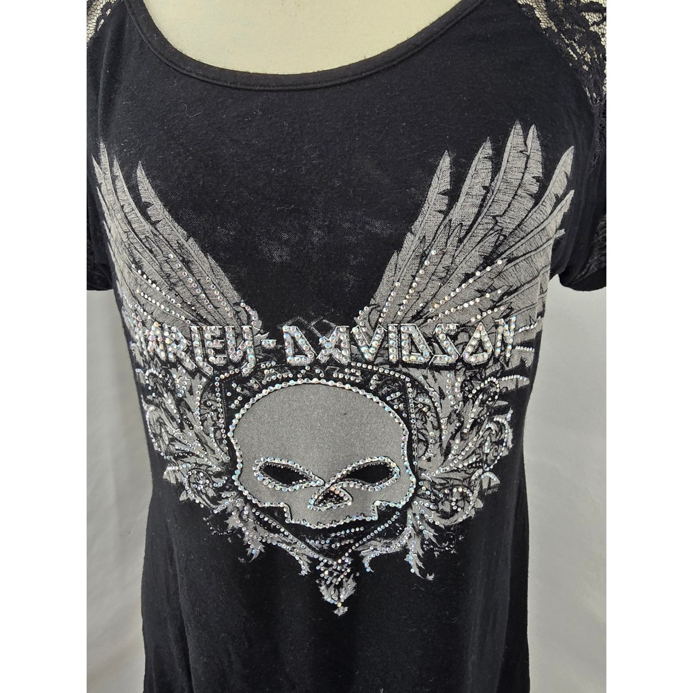 Harley-Davidson Womens Willie G Skull Rhinestone Lace Shoulder Black Tee XL - Picture 3 of 5